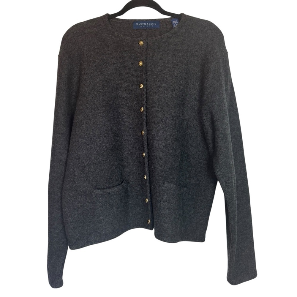 Karen Scott 100% Wool Charcoal Gray Button-Up Large Cardigan